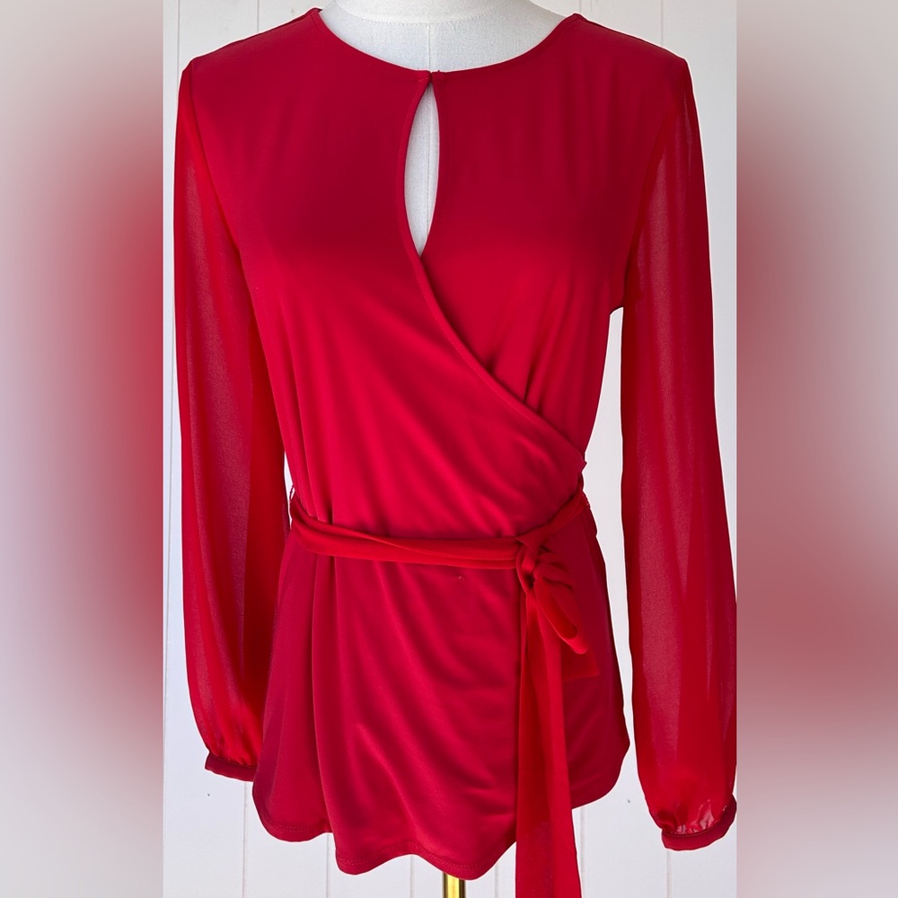 White House Black Market Women’s Faux Wrap Belted Blouse‎ Sheer Sleeves Size XS